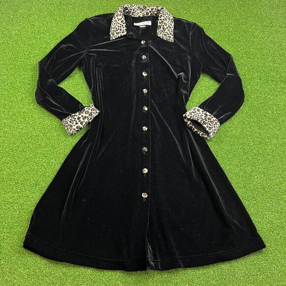 Ronni Nicole Dresses & Skirts - Vintage 90s Ronni Nicole Leopard Trim Black Velvet Shirt Dress Sz 10